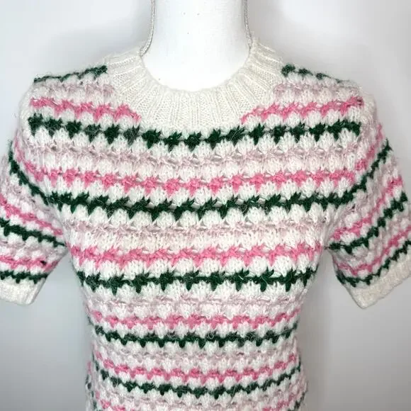ZARA Crochet Knit Cropped Pastel Short Sleeve Sweater In Cream Pink Size Small - Picture 2 of 10
